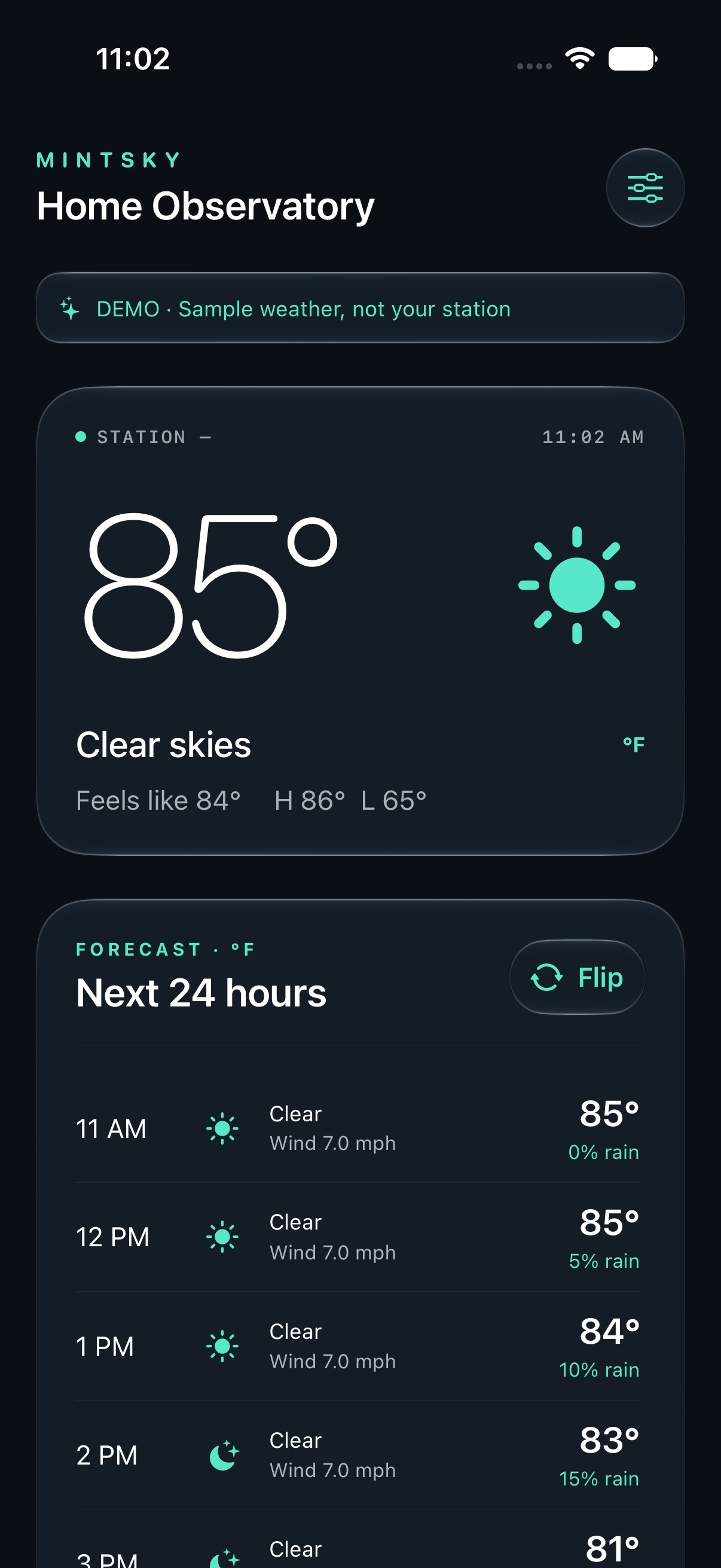 MintSky iPhone dashboard displaying clearly labeled sample weather