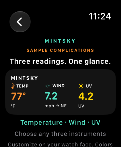 Temperature · Wind · UV — MintSky sample complication preview
