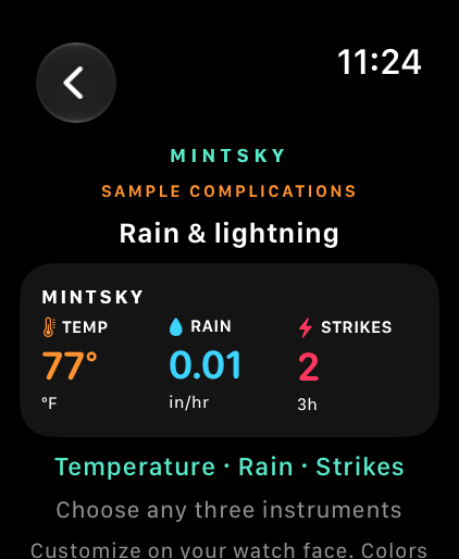 Temperature · Rain · Strikes — MintSky sample complication preview
