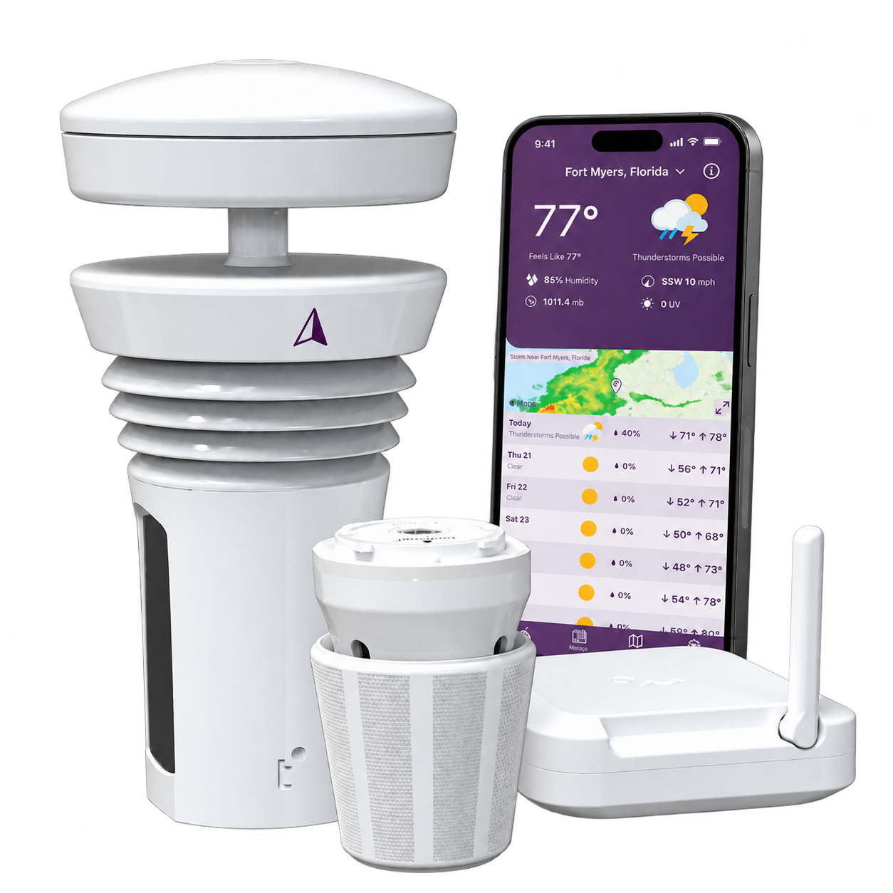 Tempest weather station with hub and manufacturer app shown on phone