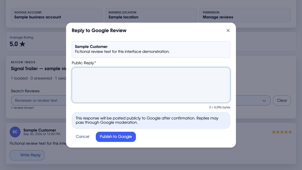 The actual Signal review response dialog with a sample reply