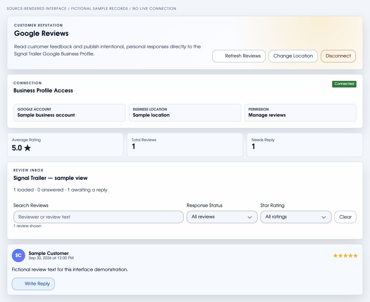 Signal Google Reviews plugin in light mode with a clearly fictional sample customer review
