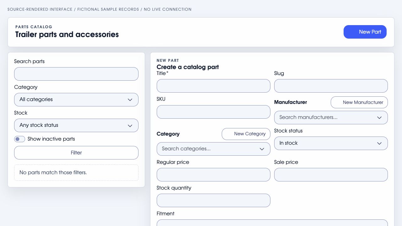 The actual Signal parts catalogue editor in light mode with its title, SKU, manufacturer, category, stock and pricing controls