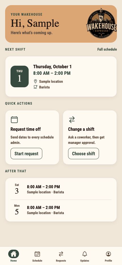 Wakehouse employee app home screen from its actual source, with a fictional sample schedule