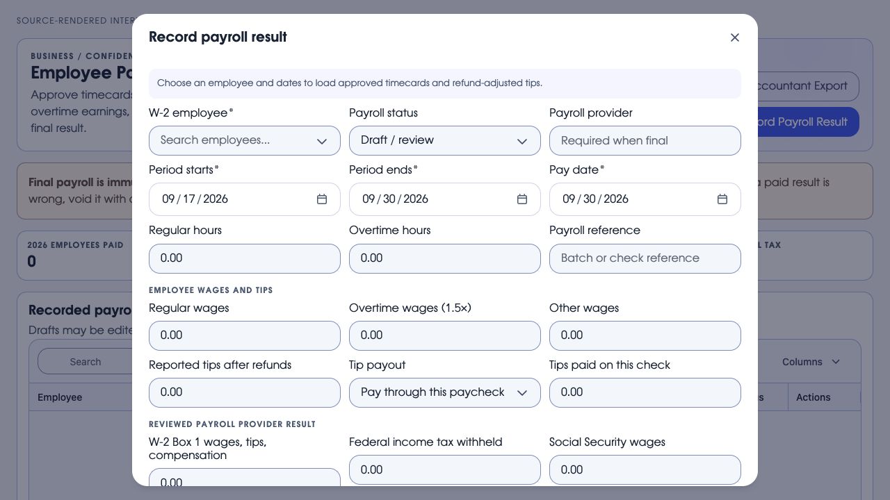 The actual Wakehouse payroll result editor with regular hours, overtime, provider and wage controls