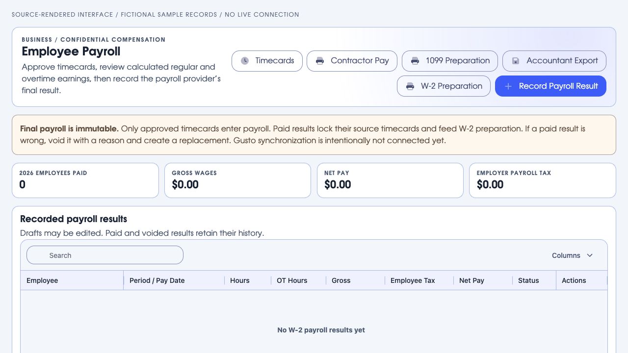 Wakehouse’s actual payroll interface with record management and accountant export controls and an empty dataset