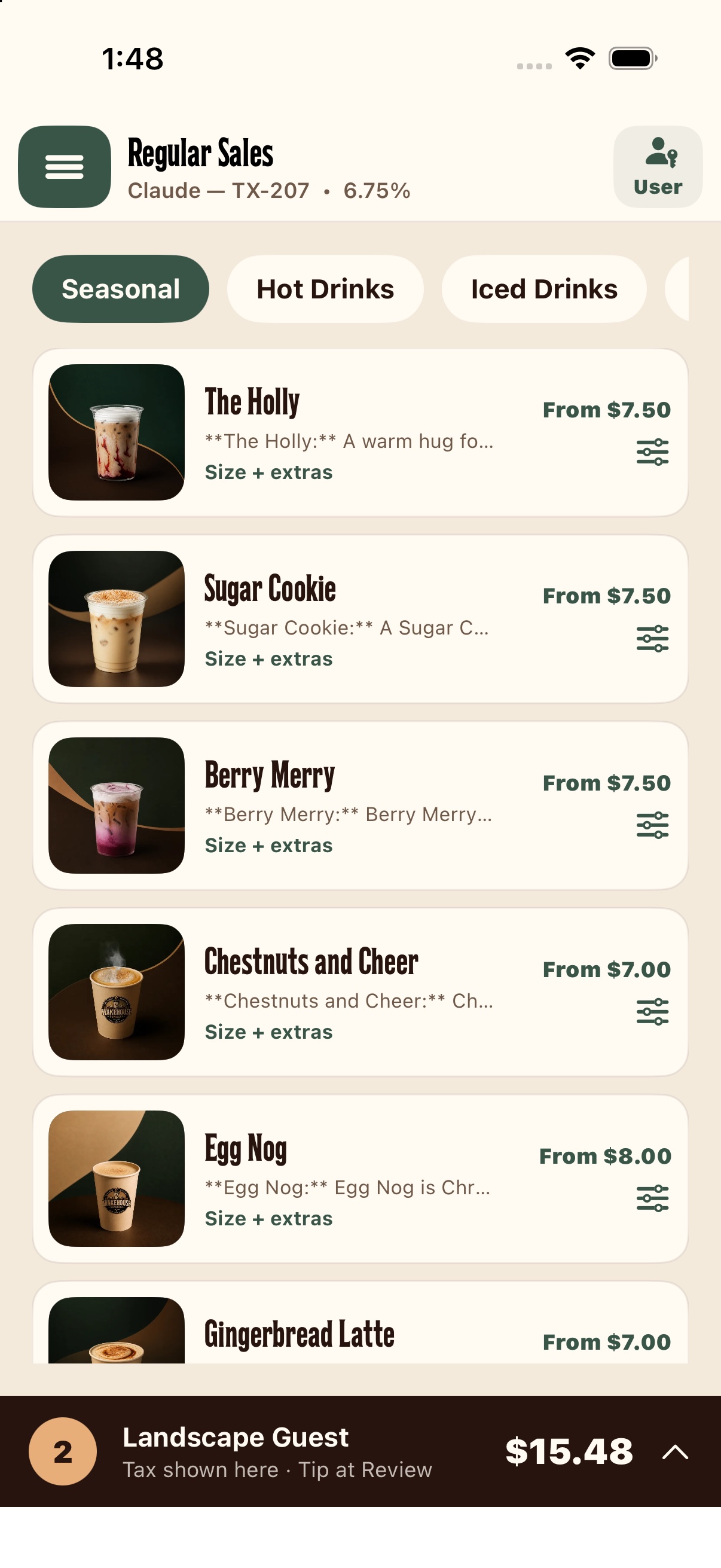 Wakehouse custom register preview showing drink images, size choices, and current sale