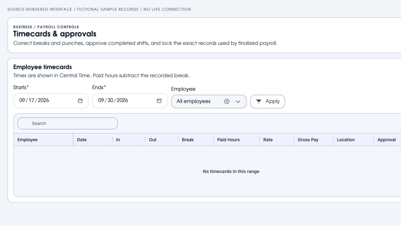 Wakehouse’s actual timecard approval interface with date and employee filters and an empty table