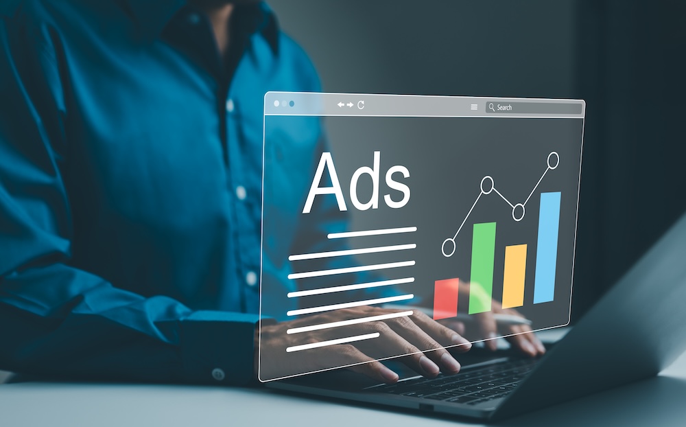 Virtual screen with the word ads and a graph