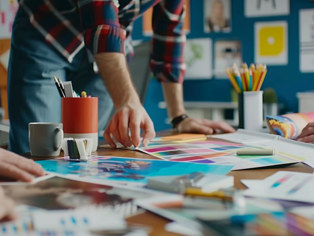 Person working at a table covered in artistic mediums